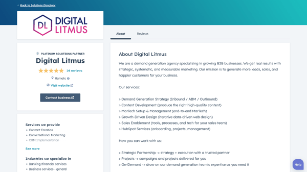 Digital Litmus HubSpot Agency Partner Directory Homepage