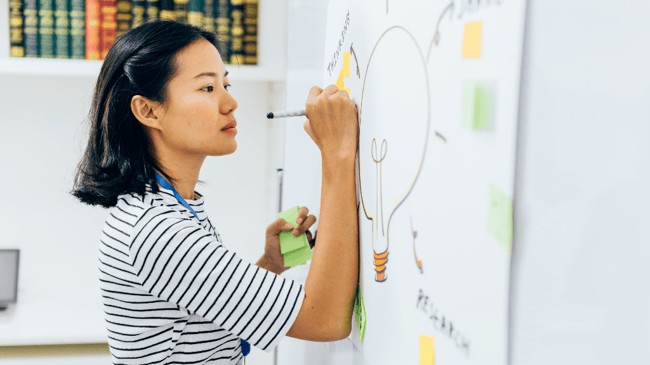 Young Asian girl writing ideas with pen on white board in office room