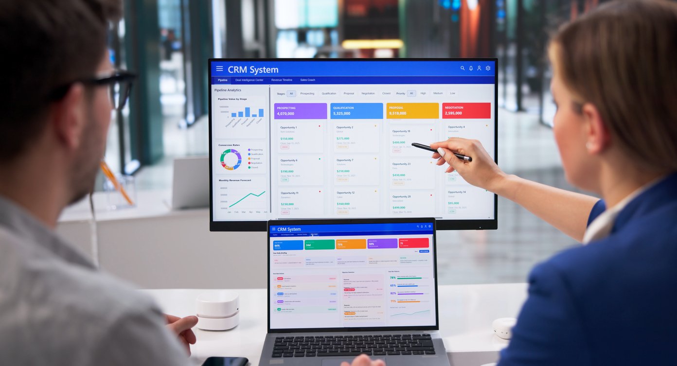 two people looking at a CRM
