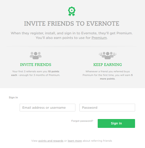 Evernote Invite Friends and Sign In Webpage