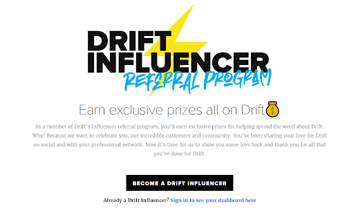 Drift Influencer Referral Program Webpage