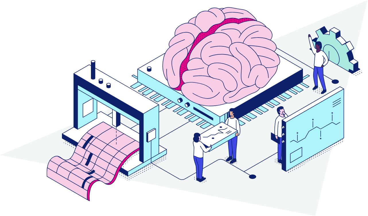 people working in a factory with a brain in the middle