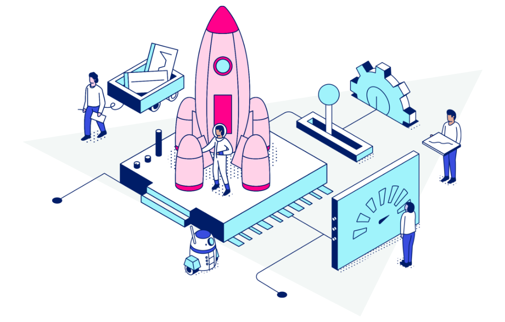 Rocket illustration with people 