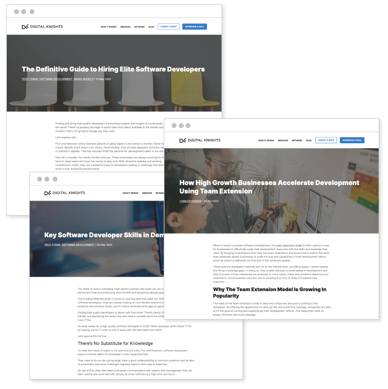 Digital Knights Webpages on Team Extension Software Developer Skills and Hiring Software Developers