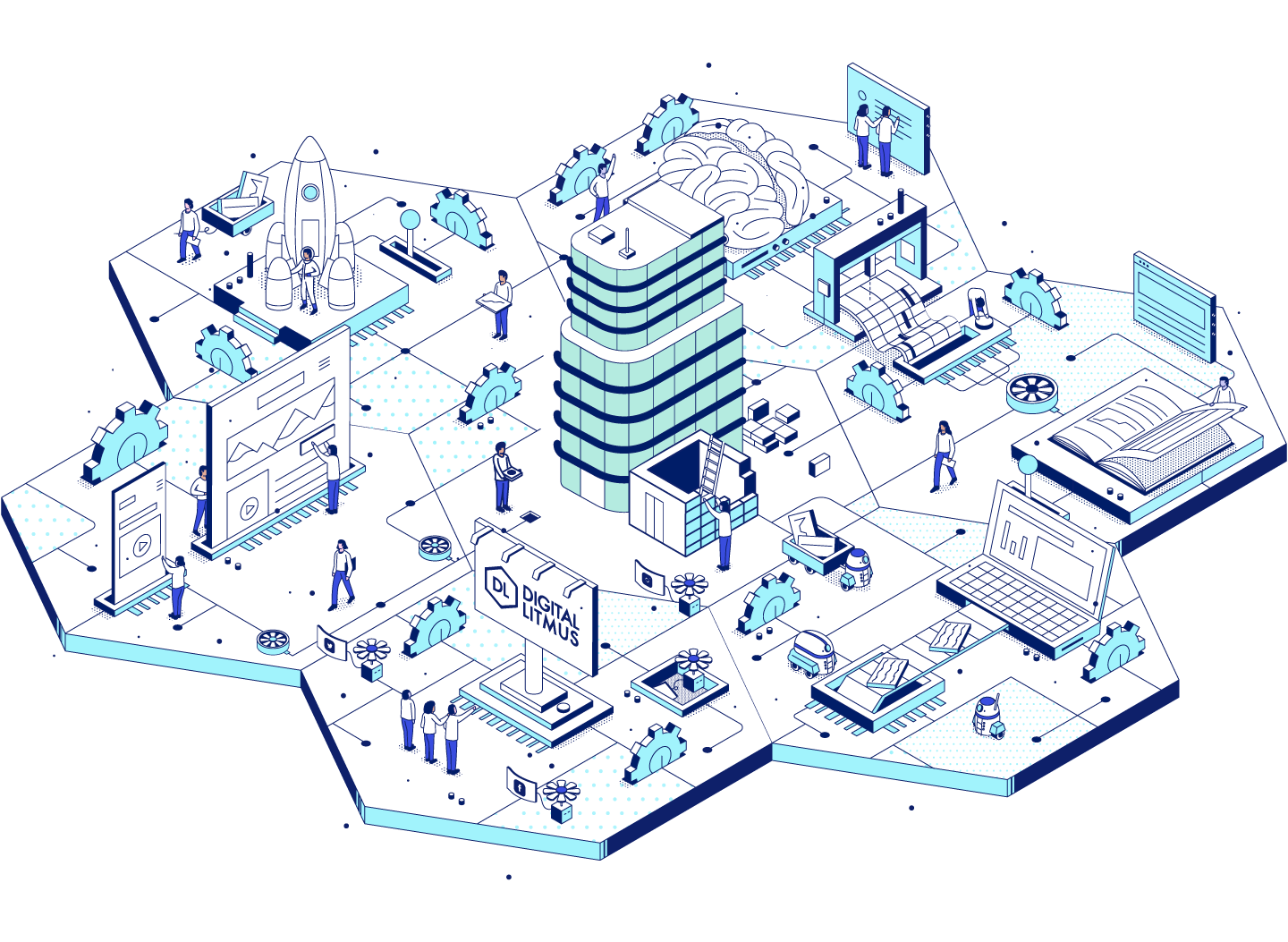 Illustration of business features on a floor of hexagons