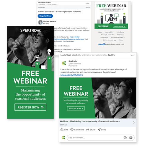 Three Spektrix Free Webinar Adverts from Linkedin