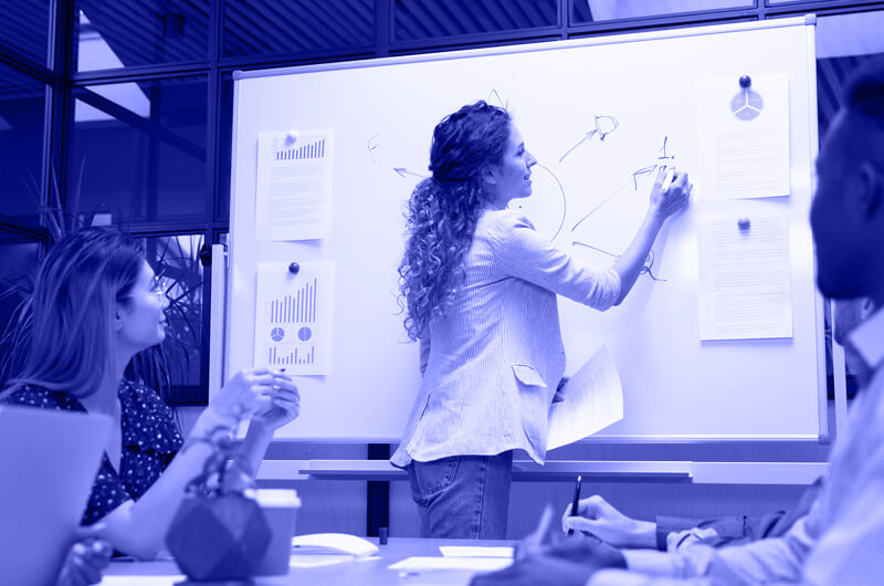 Blue Image of a Woman Drawing a Mind Map on a Whiteboard in a Meeting with People